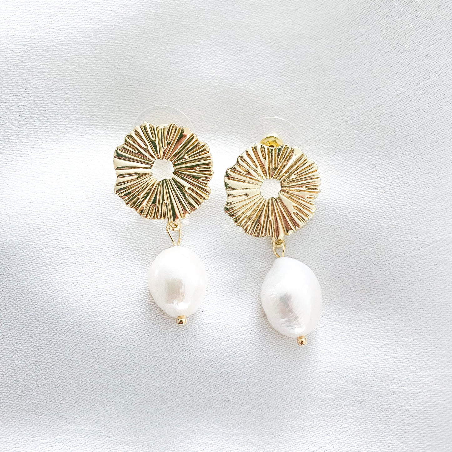 Freshwater Pearl and 14k Gold Circle Fan Earrings