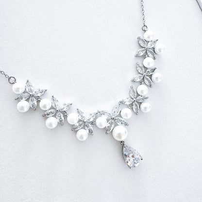 Cubic Zirconia & Pearl Bridal Necklace and Earrings Set – Romantic Wedding Jewellery