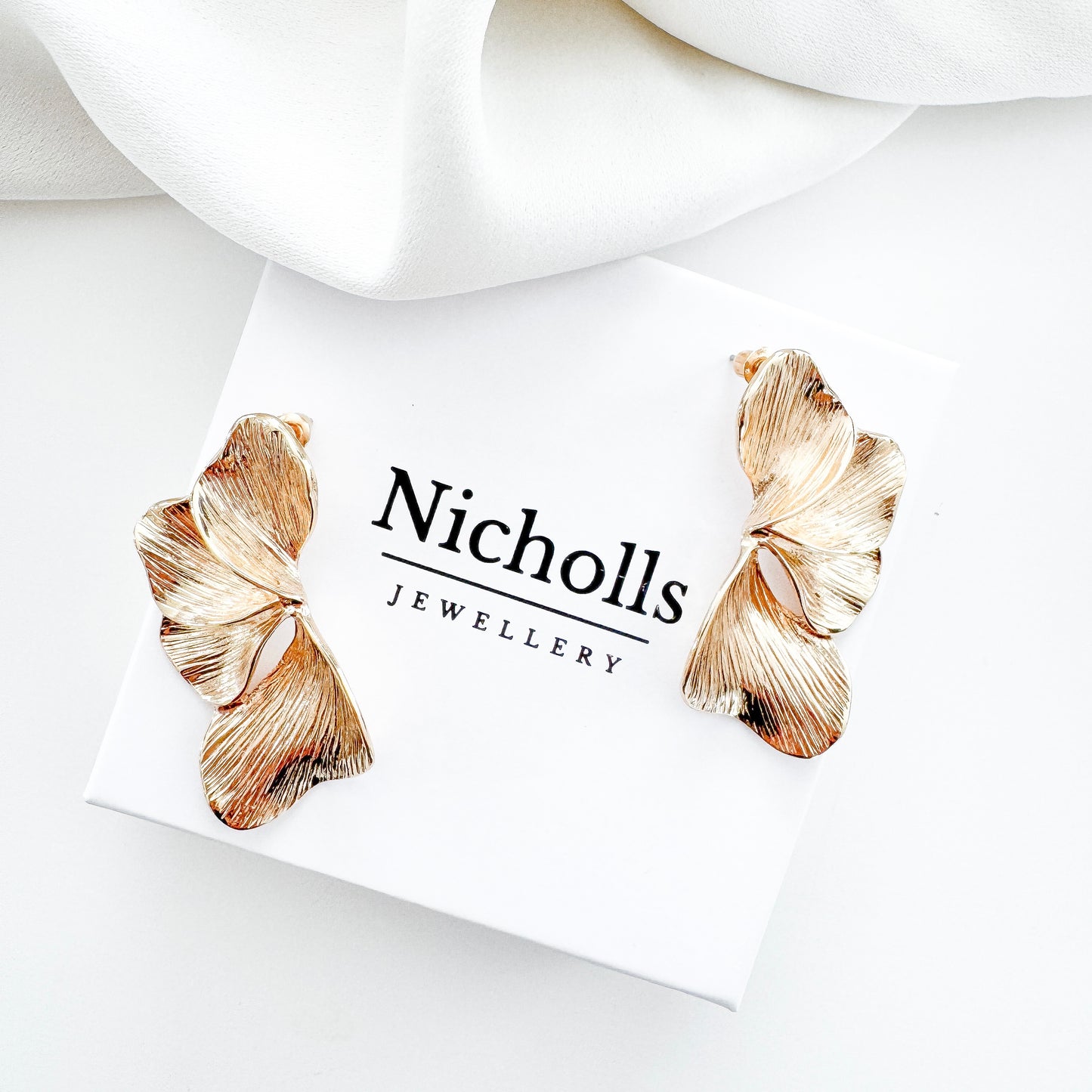 Smaller Gold Iris Petal Flower Earrings - Holiday, Christmas & Party Jewellery
