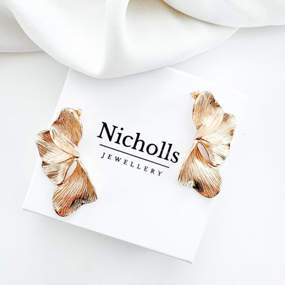 Smaller Gold Iris Petal Flower Earrings - Holiday, Christmas & Party Jewellery