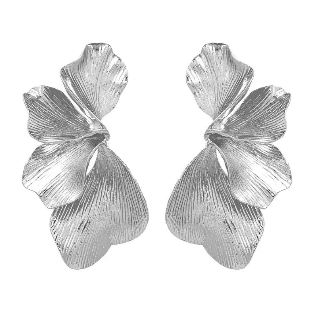 Statement Silver Iris Petal Flower Earrings