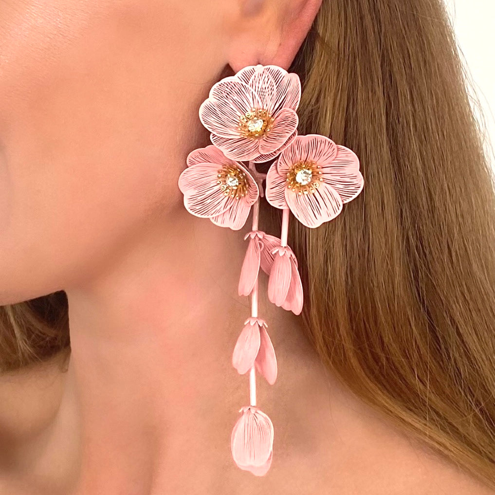 Waterfall Statement Pink Flower Earrings