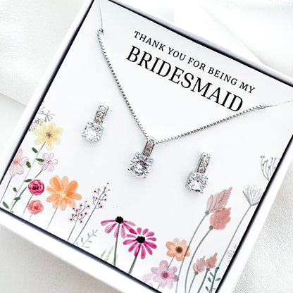 Square Cubic Zirconia Bridesmaid Jewellery Gift Set – Crystal Earrings & Matching Necklace