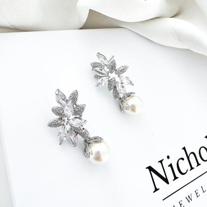 Glamourous Cubic Zirconia Crystal and Pearl Dangle Earrings