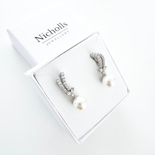 Wish Bone Crystal and Pearl Stud Earrings