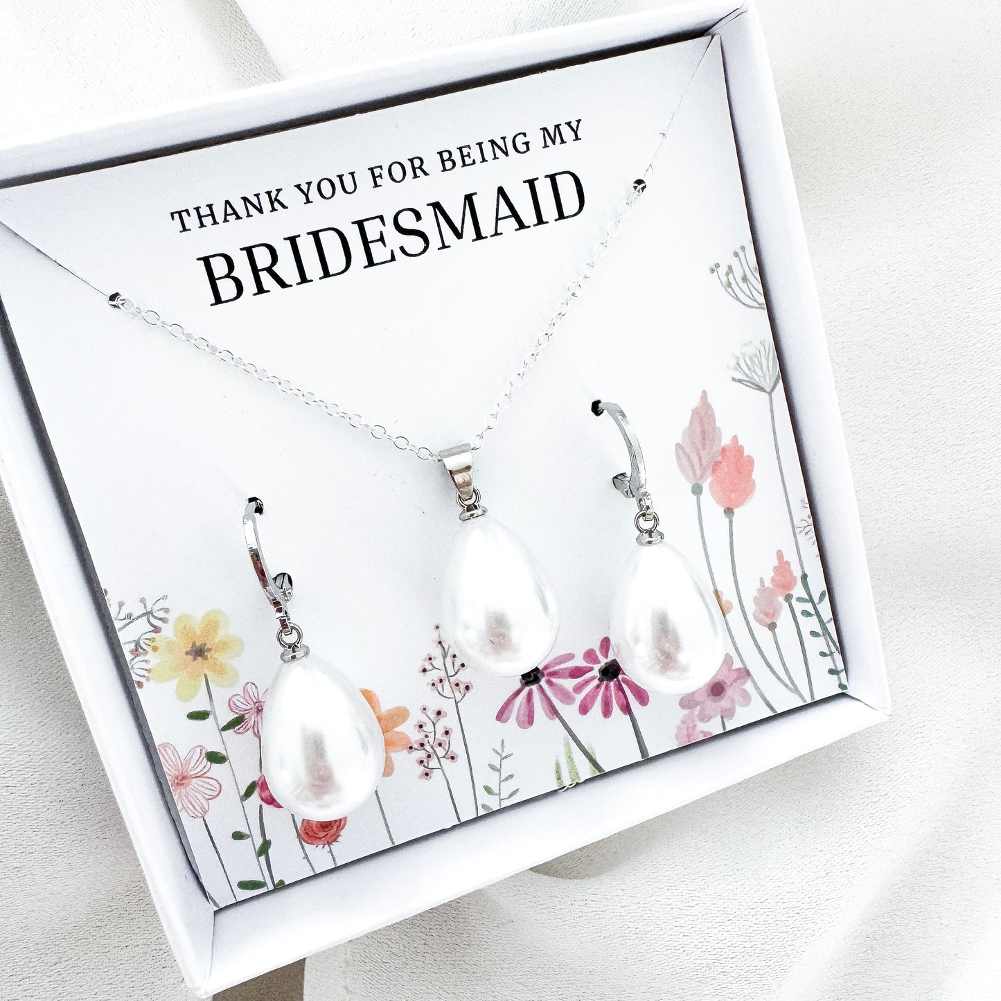 Bridesmaid Pearl Teardrop Huggie Jewellery Gift Set – Sterling Silver Pearl Necklace & Earrings
