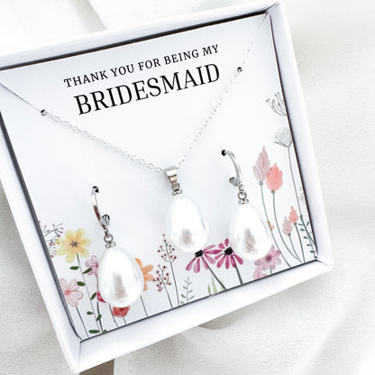Bridesmaid Pearl Teardrop Huggie Jewellery Gift Set – Sterling Silver Pearl Necklace & Earrings
