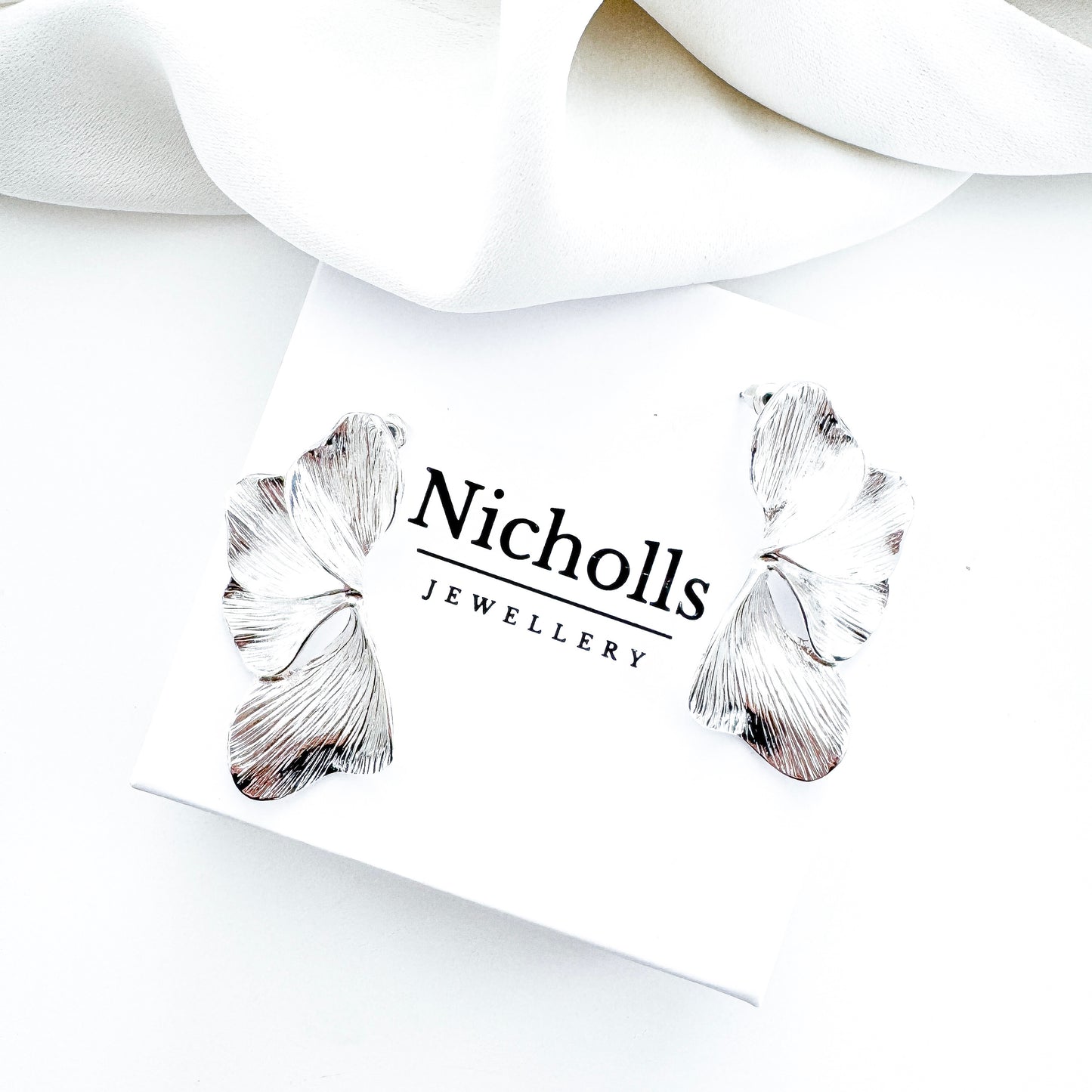 Smaller Silver Iris Petal Flower Earrings - Holiday, Christmas & Party Jewellery