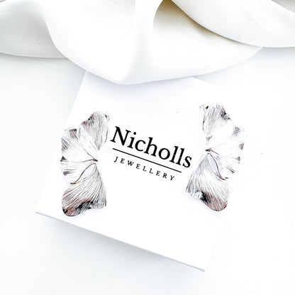 Smaller Silver Iris Petal Flower Earrings - Holiday, Christmas & Party Jewellery