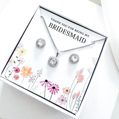 Bridesmaid Jewellery Gift Set – Round Cubic Zirconia Earrings & Necklace Thank You Gift Set