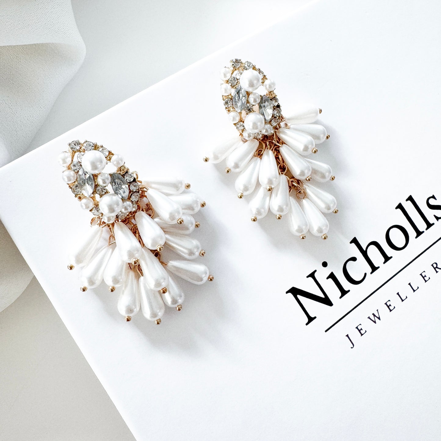 Pearl Tassel Dangle Statement Earrings with Oval Sparkle and Pearl Top Detail