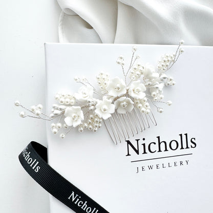 Wedding Bridal Hair Comb with Porcelain Flowers and Ball Pearls