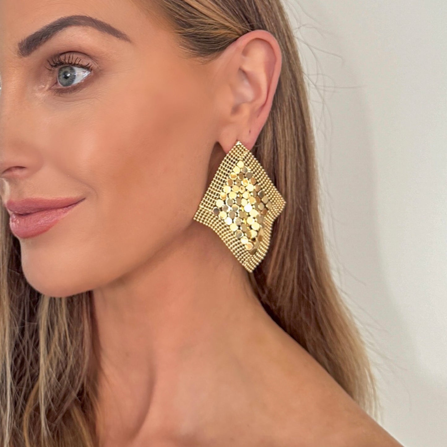 Gold Metal Sequin Square Diamond Sparkly Statement Earrings for Parties and Nights Out