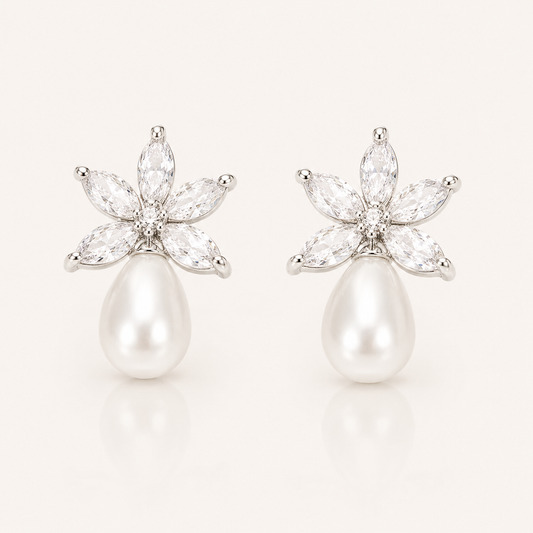 Bella Silver Flower & Pearl Stud Earrings