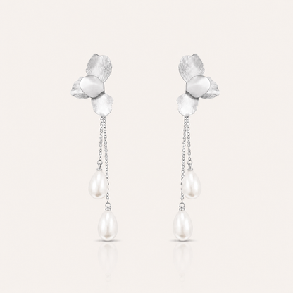 Silver Folded Flower Chain and Dainty Teardrop Pearl Earrings