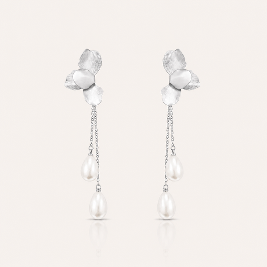 Silver Folded Flower Chain and Dainty Teardrop Pearl Earrings