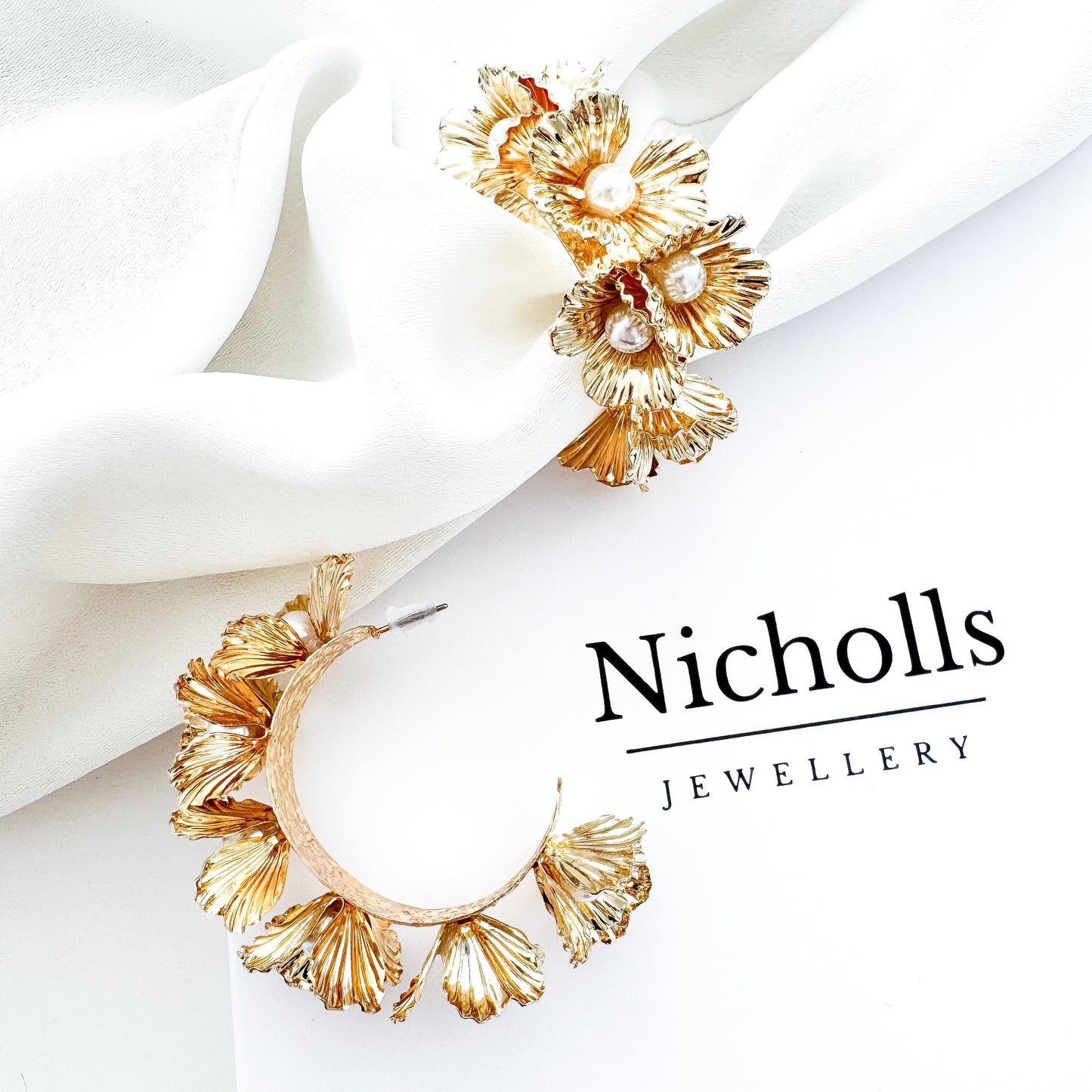 Statement Gold Flower and Pearl Centre Hoop Earrings