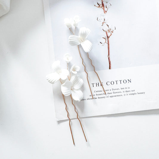 Porcelain Floral Spray Gold Pins x 2