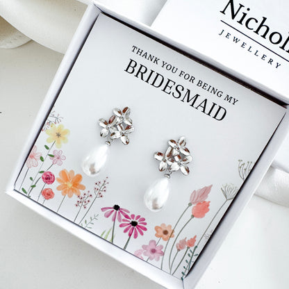 Silver Daisy & Pearl Bridesmaid Earrings | Thank You Bridesmaid Gift