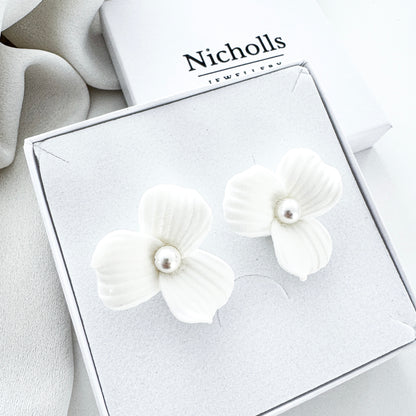 Delicate Porcelain Flower & Pearl Stud Earrings with matching Porcelain Flower Hair Pins