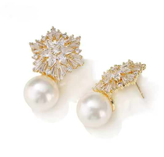 Snowflake Crystal Drop Pearl Gold Earrings