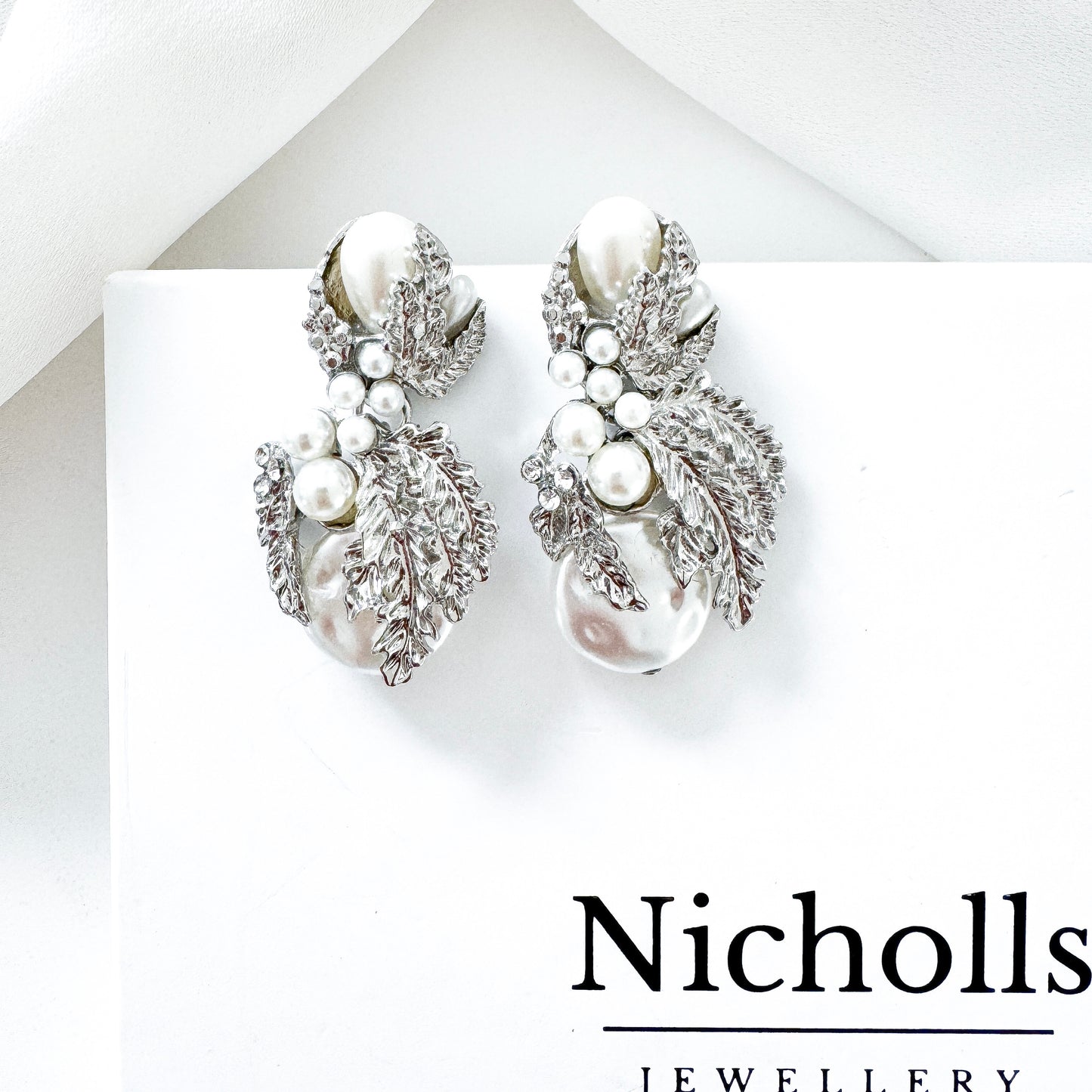 Silver Leaf & Pearl Statement Earrings | Vintage-Inspired Bridal Jewellery