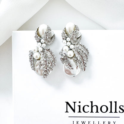 Silver Leaf & Pearl Statement Earrings | Vintage-Inspired Bridal Jewellery