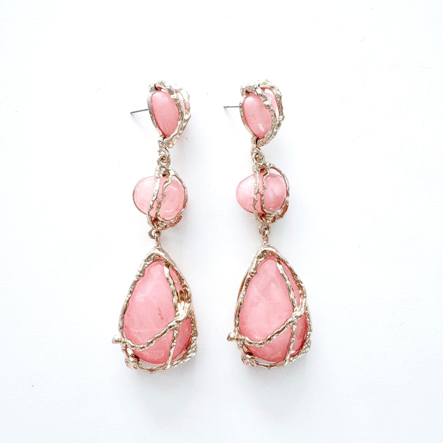 Gold Drip & Salmon Pink Crystal Drop Earrings – Statement Party, Bridal & Christmas Jewellery