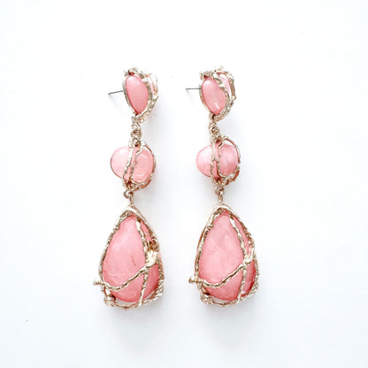 Gold Drip & Salmon Pink Crystal Drop Earrings – Statement Party, Bridal & Christmas Jewellery