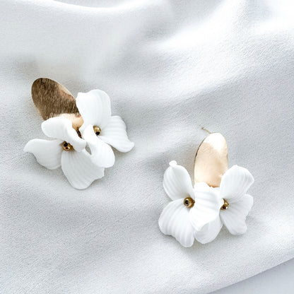 Dahlia Brushed Gold Oval Porcelain Flower Earrings