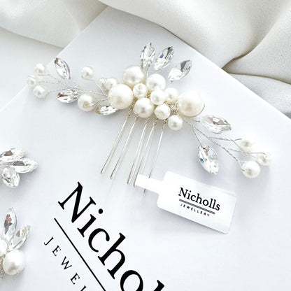 Pearl & Crystal Bridal Hair Comb with Matching Pins – Wedding Hair Accessory