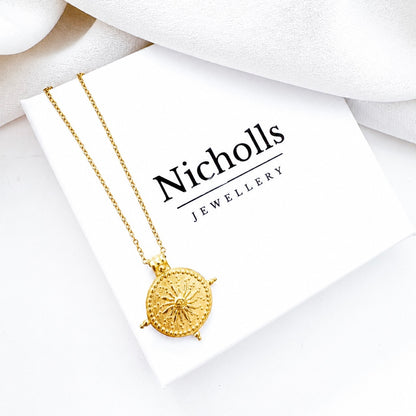 Sun Compass Pendant Necklace | Waterproof 18k Gold PVD Necklace