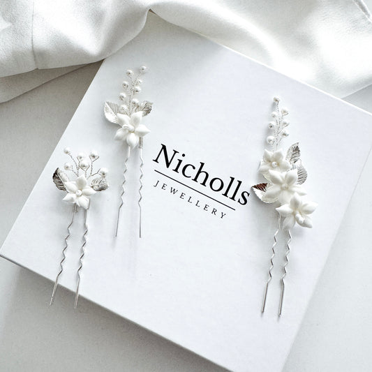 Bridal Porcelain Flower Hair Pins with Pearls – Elegant Wedding Hair Accessories (Set of 3)