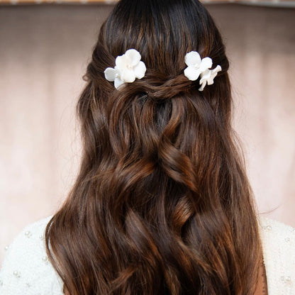 Delicate Porcelain Flower & Pearl Stud Earrings with matching Porcelain Flower Hair Pins