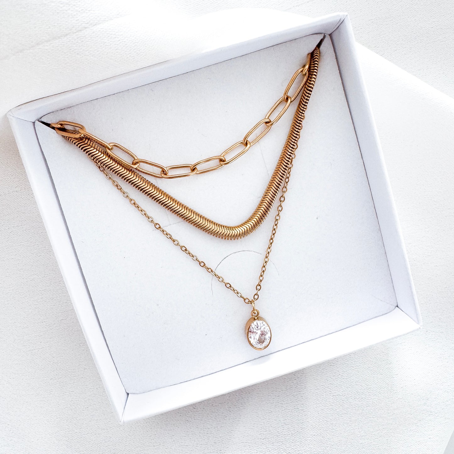 Triple Layer Waterproof Gold Necklace Snake Bone, Paper Chain and Zircon Crystal | 18k Gold PVD Stainless Steel