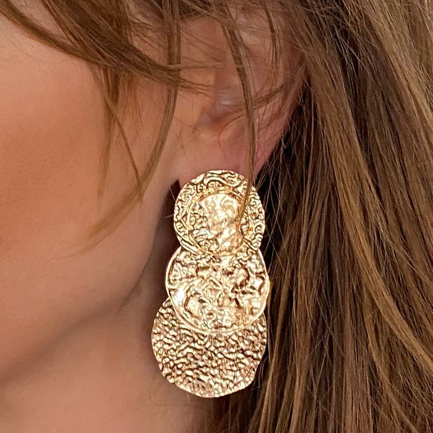 3 Coin Statement Gold Earrings