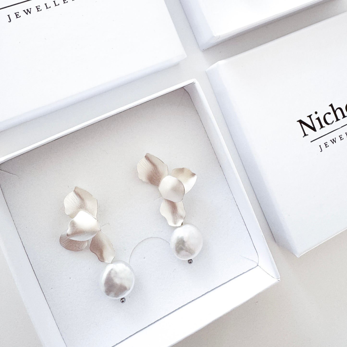 Silver Folded Flower Pearl Earrings