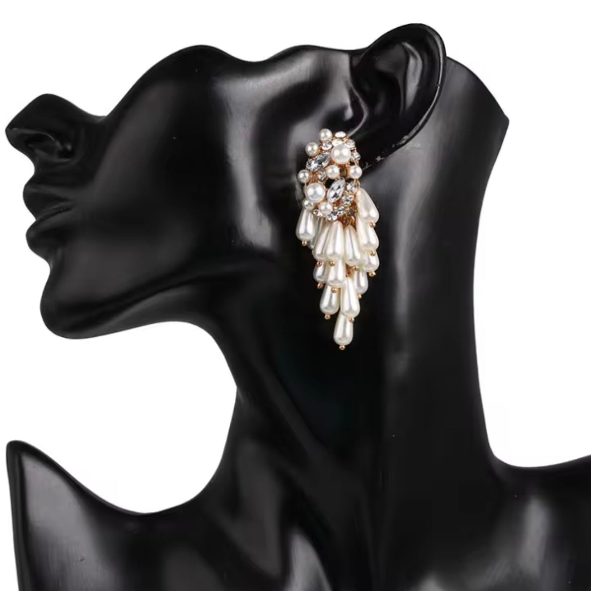 Pearl Tassel Dangle Statement Earrings with Oval Sparkle and Pearl Top Detail