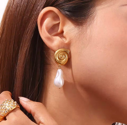 Gold Shell and Baroque Pearl Earrings