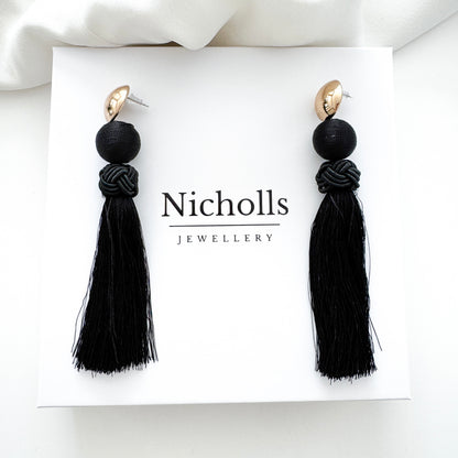 Large Black Tassel Statement Earrings – Gold & Black French Chic Evening Earrings