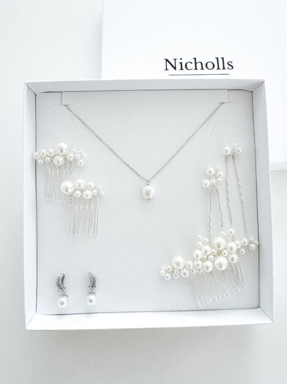 Wish Bone Crystal and Pearl Earring, Comb and Necklace Set