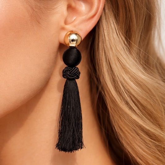 Large Black Tassel Statement Earrings – Gold & Black French Chic Evening Earrings