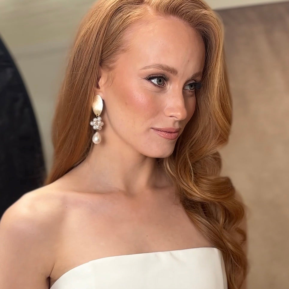 Brushed Gold Oval Cluster Ball and Chunky Pearl Statement Earrings