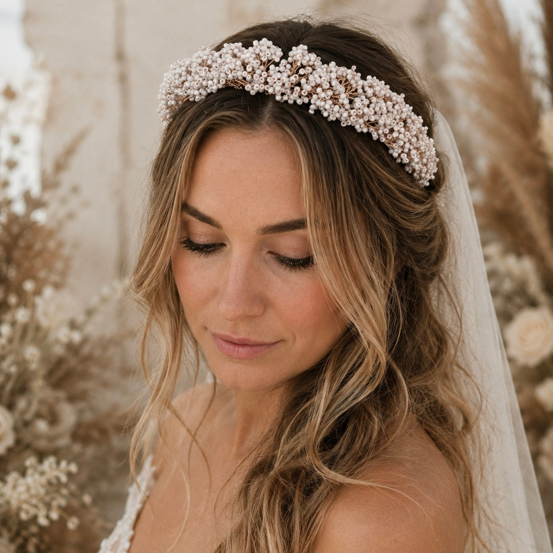Handmade Boho Bridal Headpiece | White Seed Bead Wedding Hair Accessory