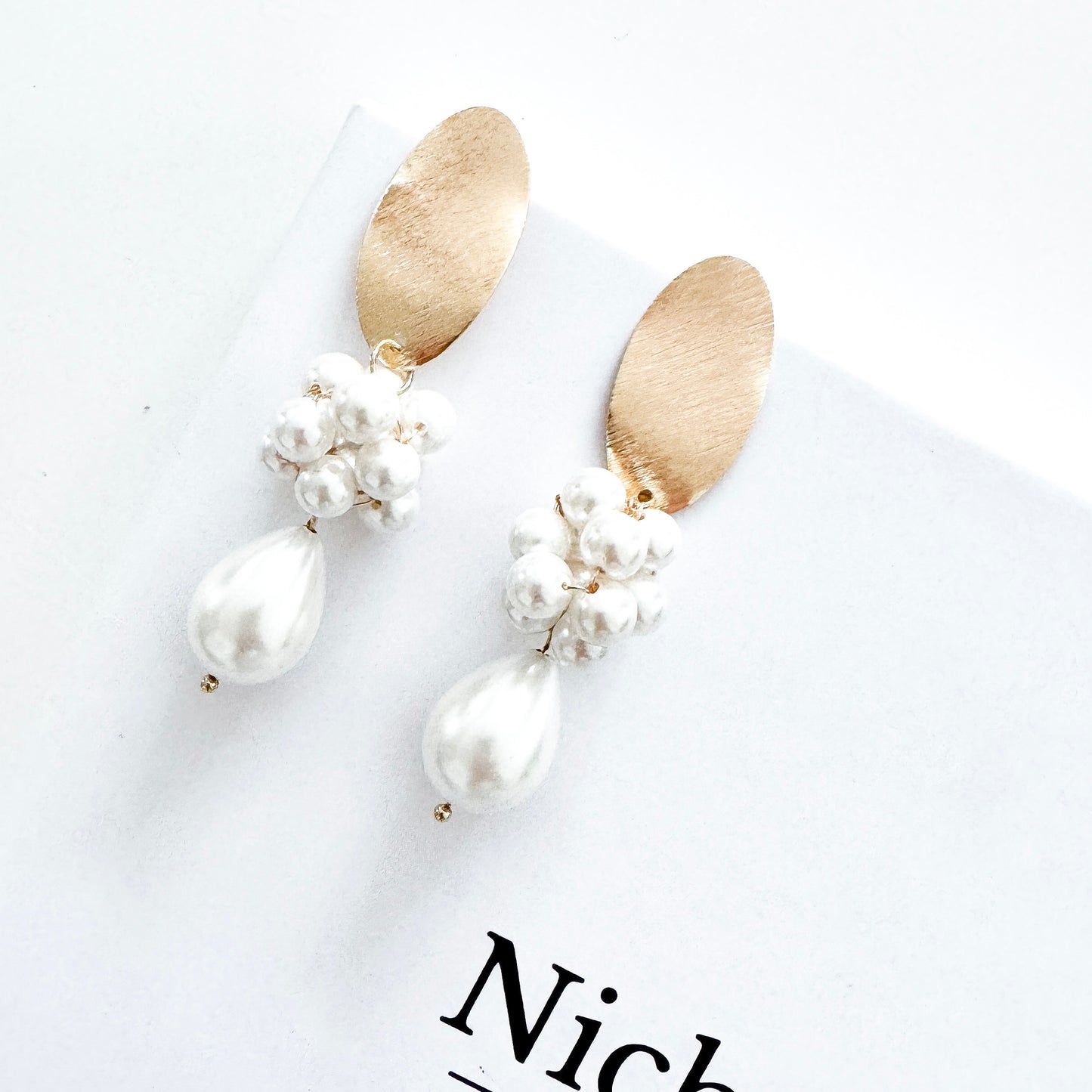 Brushed Gold Oval Cluster Ball and Chunky Pearl Statement Earrings