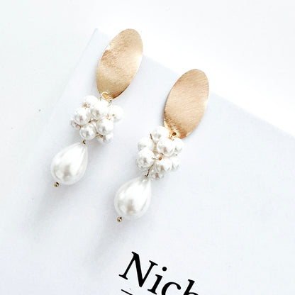 Brushed Gold Oval Cluster Ball and Chunky Pearl Statement Earrings