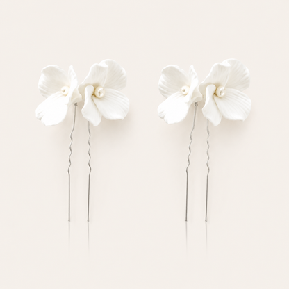 Porcelain White Flower Pins x 2