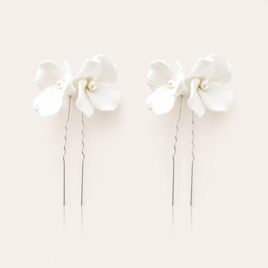 Porcelain White Flower Pins x 2