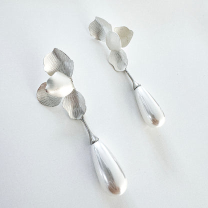 Silver Folded Flower Teardrop Pearl Earrings