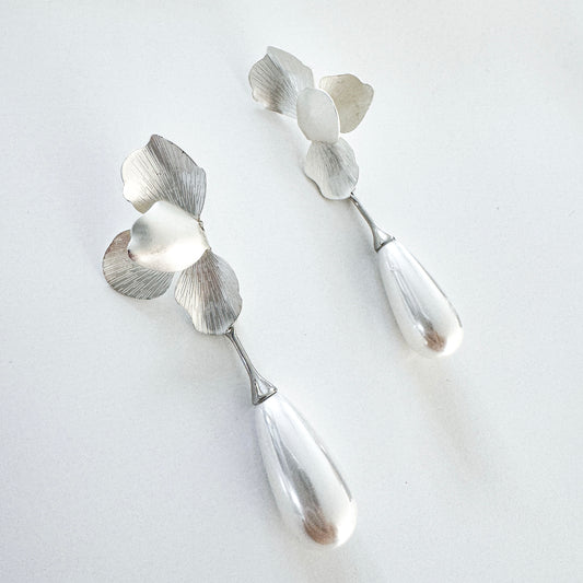 Silver Folded Flower Teardrop Pearl Earrings